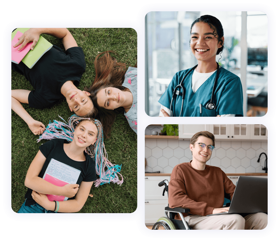 Collage of images showing young people in different learning and work settings